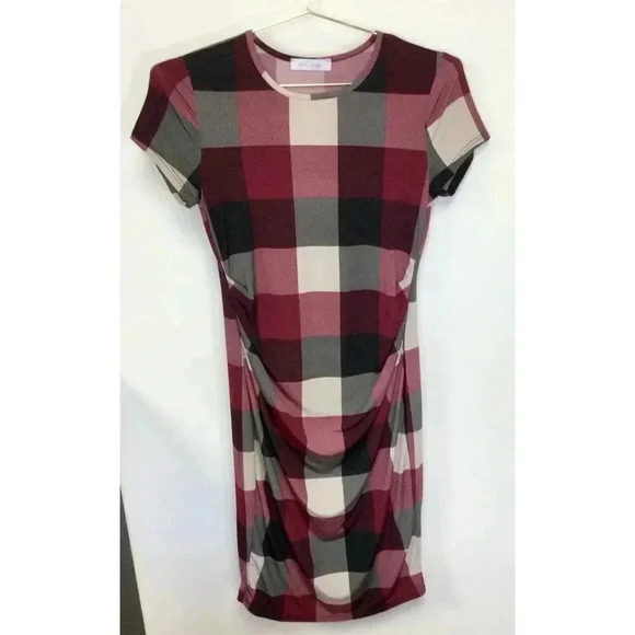 My Bump Womens Medium Maternity Dress Red Black White Check Pattern Short Sleeve - Picture 1 of 8